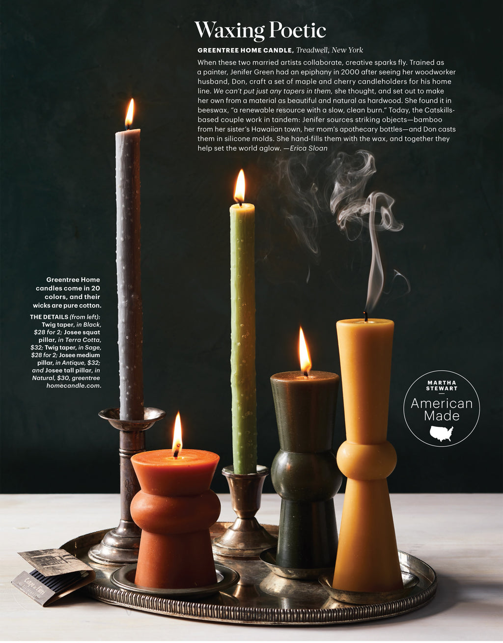 Josee Pillars by Greentree Home Candle featured in Martha Stewart Living.
